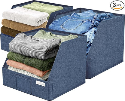 VIVIDECOR Open Front Trapezoid Storage Bins 12x12x10 – Easy Access Closet Shelf Organizer for Clothes, Towels, Fabric Baskets – Navy Blue, 3 Pack
