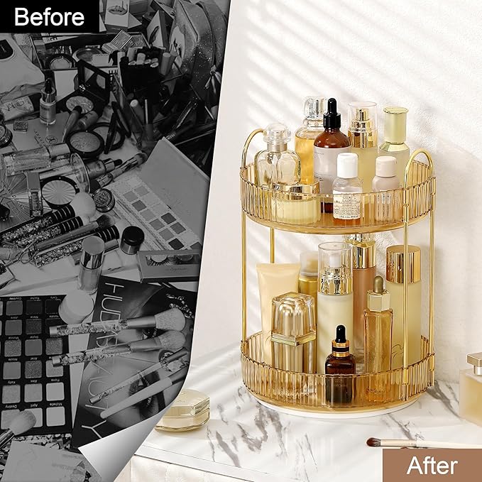 360 Rotating Makeup Organizer for Vanity, Bathroom Countertop Spinning Perfume Organizer, High-Capacity Cosmetic and Skincare Dresser Make Up Holder Rack (2 Tiers, Yellow)