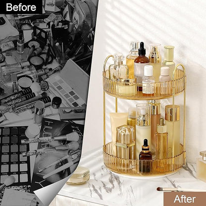 360 Rotating Makeup Organizer for Vanity, Bathroom Countertop Spinning Perfume Organizer, High-Capacity Cosmetic and Skincare Dresser Make Up Holder Rack (2 Tiers, Yellow)