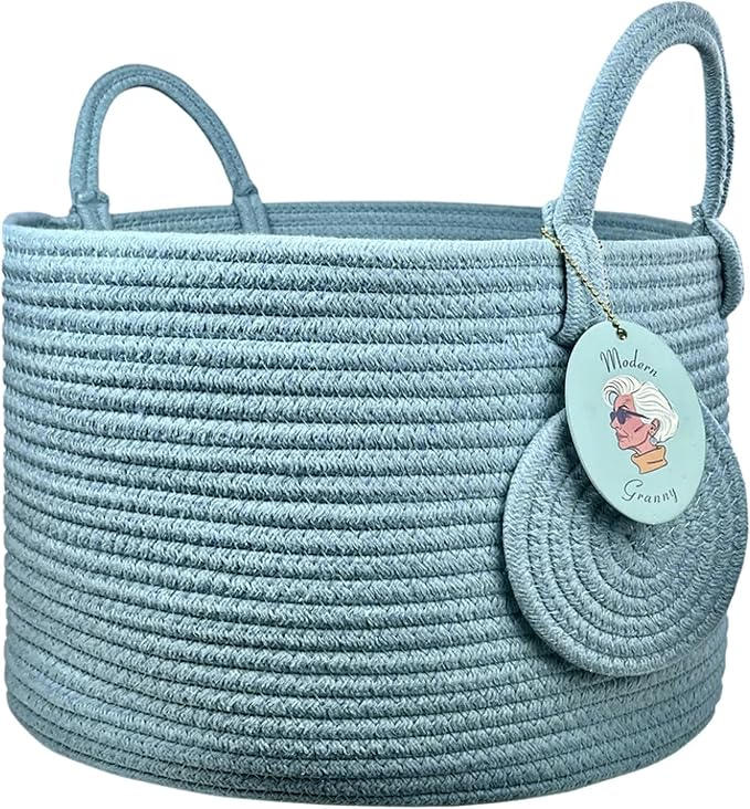 Modern Granny Small Cotton Rope Laundry Basket 16x10 Inch Dual Secure Woven Handle for Living Room Closet Clothes Blanket Organization