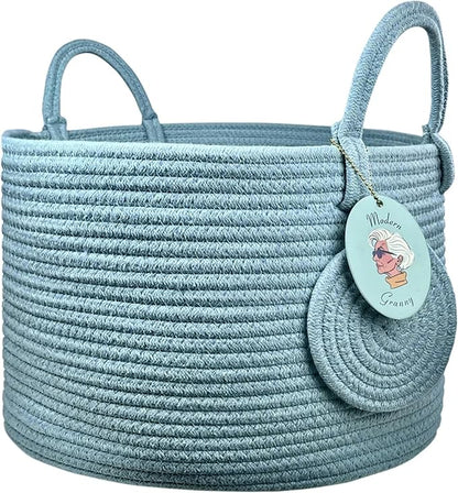 Modern Granny Small Cotton Rope Laundry Basket 16x10 Inch Dual Secure Woven Handle for Living Room Closet Clothes Blanket Organization