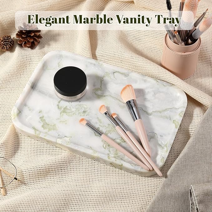 Karibiber Luxury Marble Vanity Tray, Bathroom Tray Countertop, Bianco Marble/Stone, Home Decorative Dresser Organizer, Storage for Kitchen Sink, Perfume Jewelry Holder(Green&White)