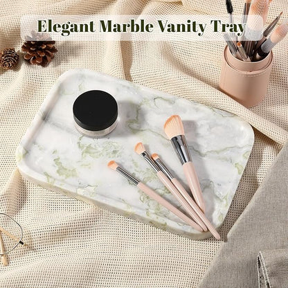 Karibiber Luxury Marble Vanity Tray, Bathroom Tray Countertop, Bianco Marble/Stone, Home Decorative Dresser Organizer, Storage for Kitchen Sink, Perfume Jewelry Holder(Green&White)