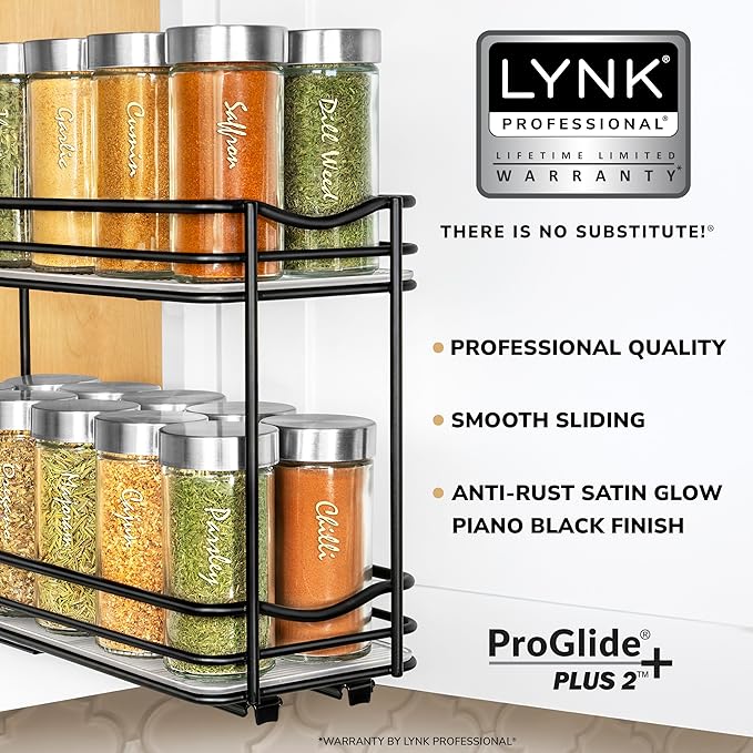 LYNK PROFESSIONAL® Pull Out Spice Organization for Cabinets - 4-3/8 inch Wide – Spice Rack for Inside Cabinets, Slide Out Spice Rack Organizer for cabinet – Pull Out Spice Rack, Sliding 2 Tier Black
