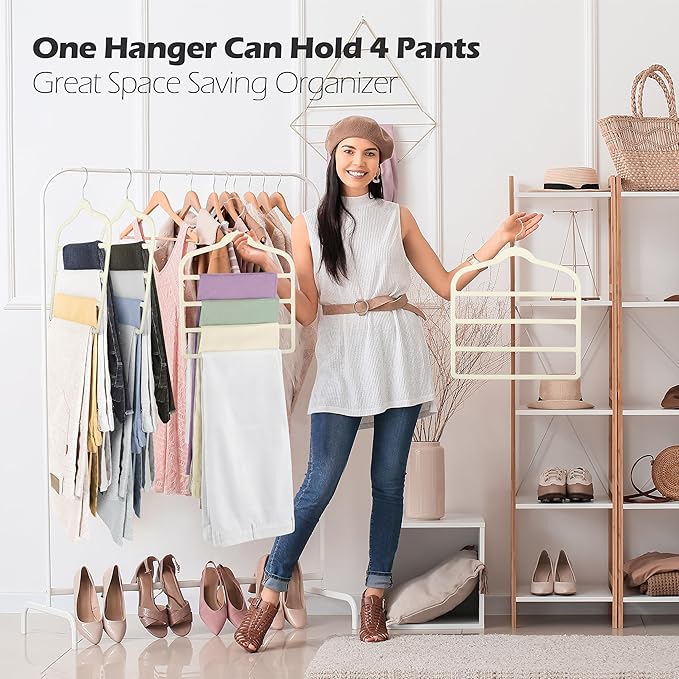 Velvet Pants Clothes Hanger Space Saving Non Slip Pants Shorts Hanger, Myfolrena Jeans Slack Trousers Hangers Multiple Velvet Hanger Closet Organizer Storage for Leggings,Jeans,Scarf,Tie (5, Beige)
