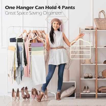Velvet Pants Clothes Hanger Space Saving Non Slip Pants Shorts Hanger, Myfolrena Jeans Slack Trousers Hangers Multiple Velvet Hanger Closet Organizer Storage for Leggings,Jeans,Scarf,Tie (5, Beige)