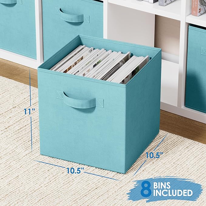 Storage Cubes Pack Of 8 - Standard Size Cube Storage Bin 10.5x10.5x11 With Dual Handles For Easy Carrying- Fabric Storage Bins Collapsible (Blue)