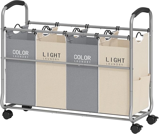 Tajsoon Laundry Sorter 4 Sections, Laundry Separator Hamper with Heavy Duty Lockable Rolling Wheels, Laundry Divider with Removable Bags for Dirty Clothes Storage, Beige & Grey