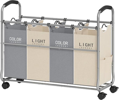 Tajsoon Laundry Sorter 4 Sections, Laundry Separator Hamper with Heavy Duty Lockable Rolling Wheels, Laundry Divider with Removable Bags for Dirty Clothes Storage, Beige & Grey