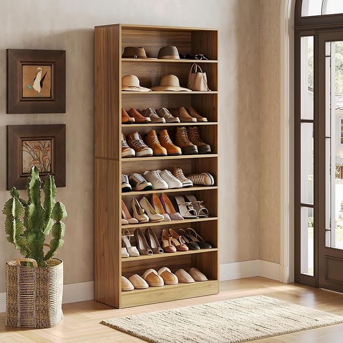 LITTLE TREE 9-Tier Shoe Cabinet, 32 Pairs Wooden Shoes Cabinet with Adjustable Shelves for Entryway, 70.9" Tall Shoe Cabinet, Freestanding Modern Shoe Rack Organizer for Living Room Bedroom, Brown
