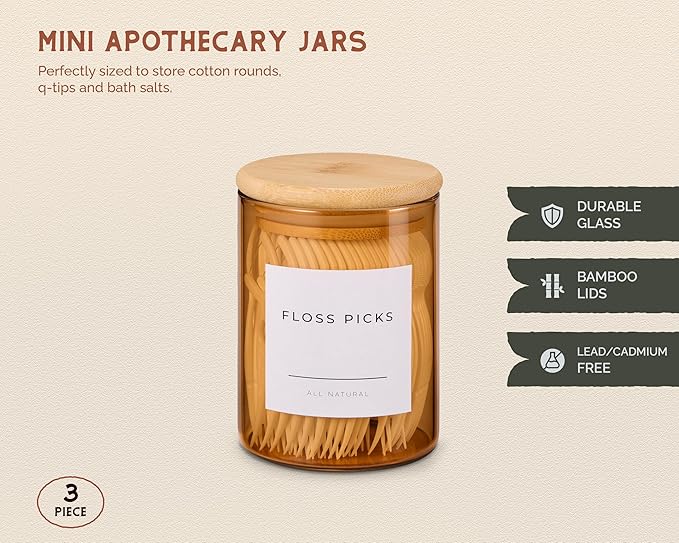 Vase and Vessel Mini Glass Apothecary Jars with Bamboo Lids, Small Bathroom and Kitchen Storage Containers, For Cotton Balls, Pads and Swabs, 10 oz, Set of 3 (Amber)