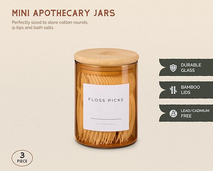 Vase and Vessel Mini Glass Apothecary Jars with Bamboo Lids, Small Bathroom and Kitchen Storage Containers, For Cotton Balls, Pads and Swabs, 10 oz, Set of 3 (Amber)