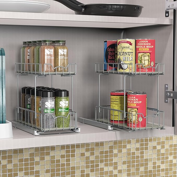 Simple Houseware 2-Tier Spice Rack Slide Out Wire Basket Drawer Organizer, Silver