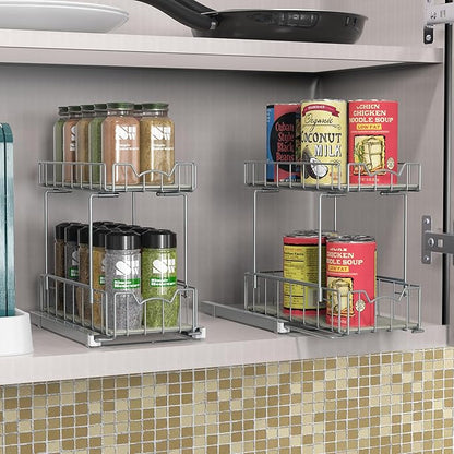 Simple Houseware 2-Tier Spice Rack Slide Out Wire Basket Drawer Organizer, Silver