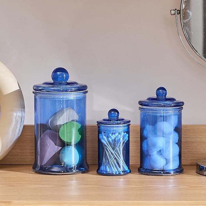 KMwares 3PCs Set Small Glass Premium Quality Apothecary Jars with lids Bathroom Accessories Set for Laundry Room Storage Kitchen/Vanity Organizer Canisters for Cotton Balls, Sponges,Q-Tips(Blue jar)