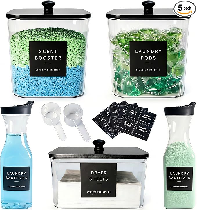 3+2 Pack Laundry Pods Containers & Dryer Sheet Holder & Laundry Detergent Dispenser, Laundry Room Organization and Storage Jars with Lids, Labels and Scoops for Scent Booster, Powder, Pods