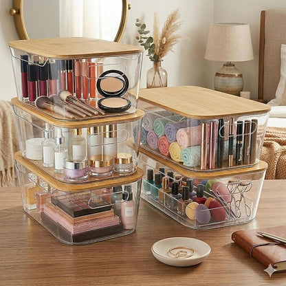 CiWiVOKi 6 Pack Clear Stackable Storage Bins with Bamboo Lids, 3.7L BPA-Free Plastic Organizer Containers with Handles, for Pantry, Kitchen, Fridge, Bathroom, Cabinet & Closet Organization