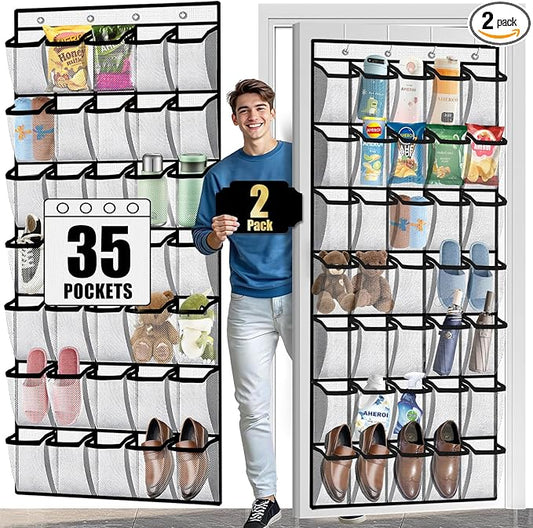 Aheroi 2 Pack 35 Pockets Over Door Shoe Organizer, White, Holds Up to 40 lbs, Mesh Pockets, Foldable, Hanging Shoe Rack