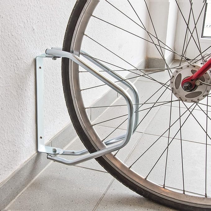 a Relaxdays Bicycle Stand for Wall Mounting, Wall Mount for 1 Bike, Galvanised, Adjustable, HBT: 32.5 x 9 x 28.5 cm, Silver