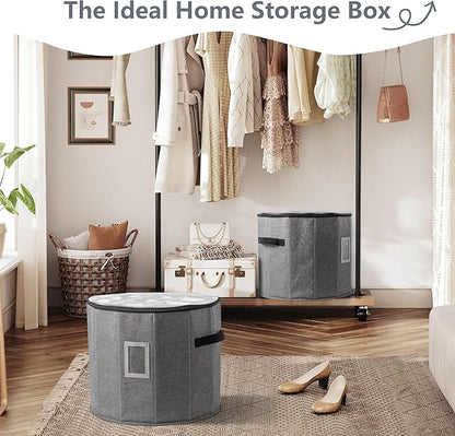Shoe Storage Box for Women – 15.7" x 13" Grey Round Cylindrical Boot Organizer with Clear Lid, Foldable Closet Shoe Box with Adjustable Dividers, Space-Saving Design Fits Heels, Sneakers & Ankle Boots