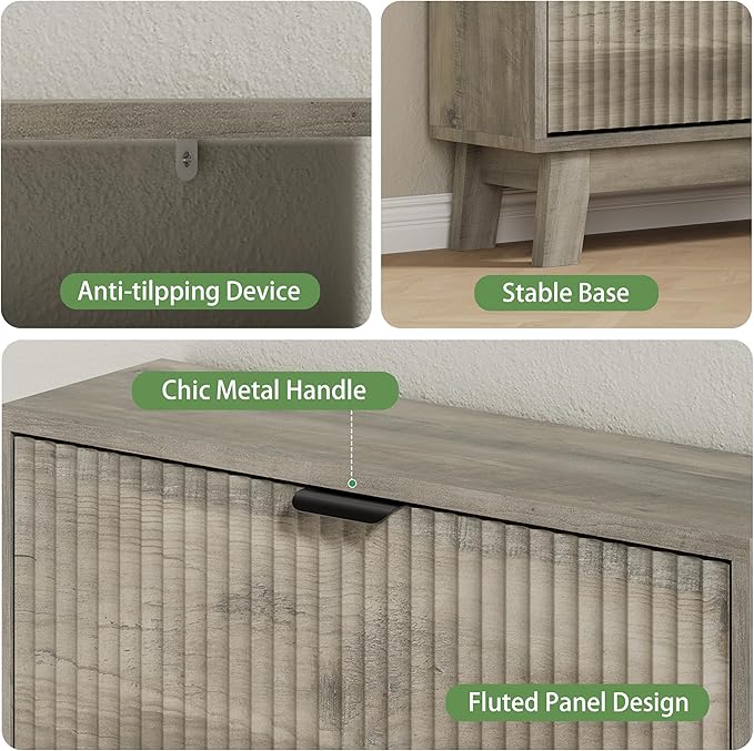 Xixini Shoe Cabinet with 2 Flip Drawers, 37" Tall Narrow Fluted Shoe Storage Organizer for Entryway, Hidden Slim Wooden Shoe Rack Cabinet for Front Door Entrance, Hallway, Living Room, Light Grey