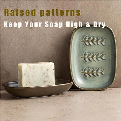 Miamolo Soap Dish for Shower, Ceramic Soap Holder Soap Dishes for Large Bar Soap Sponge, Decorative Soap Saver Tray for Bathroom Kitchen Sink Bathtub, Pro-Environment, Extend Soap Life, Dark Brown