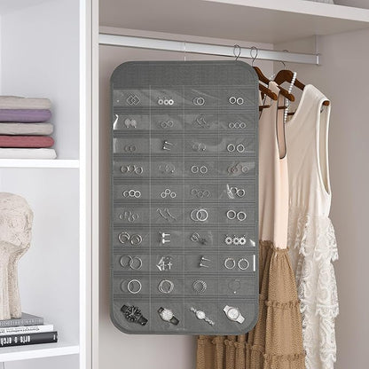 2 Pack Hanging Jewelry Organizer 80-Pocket Dual-sided Jewelry Storage for Earring Necklace Bracelet Ring Travel Holder, Gray