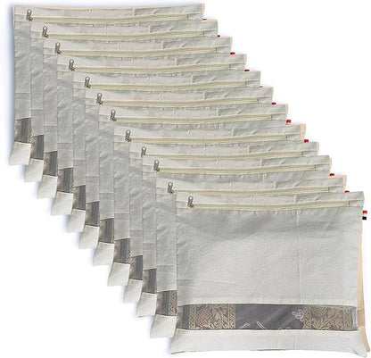 Cotton Saree Bags Covers for Storage Set with Zip Closure for Clothes Bags and Wardrobe Organizer with Transparent mesh window 16 x 14 Inches Pack 0f 12