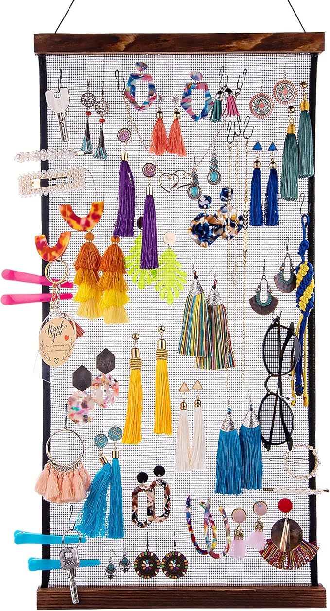 FEQO Earring Organizer Hanging Mesh Earrings Holder Wall Mounted Earring Hanging Jewelry Display Organizer with 20 Pieces S Shape Black Hooks (24 x 12 inch)