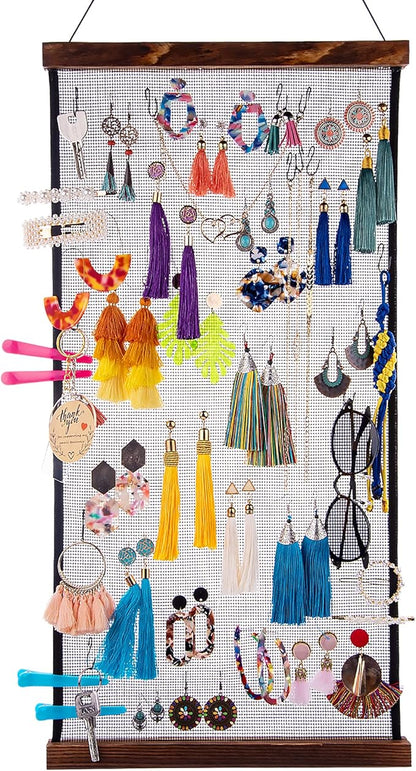 FEQO Earring Organizer Hanging Mesh Earrings Holder Wall Mounted Earring Hanging Jewelry Display Organizer with 20 Pieces S Shape Black Hooks (24 x 12 inch)
