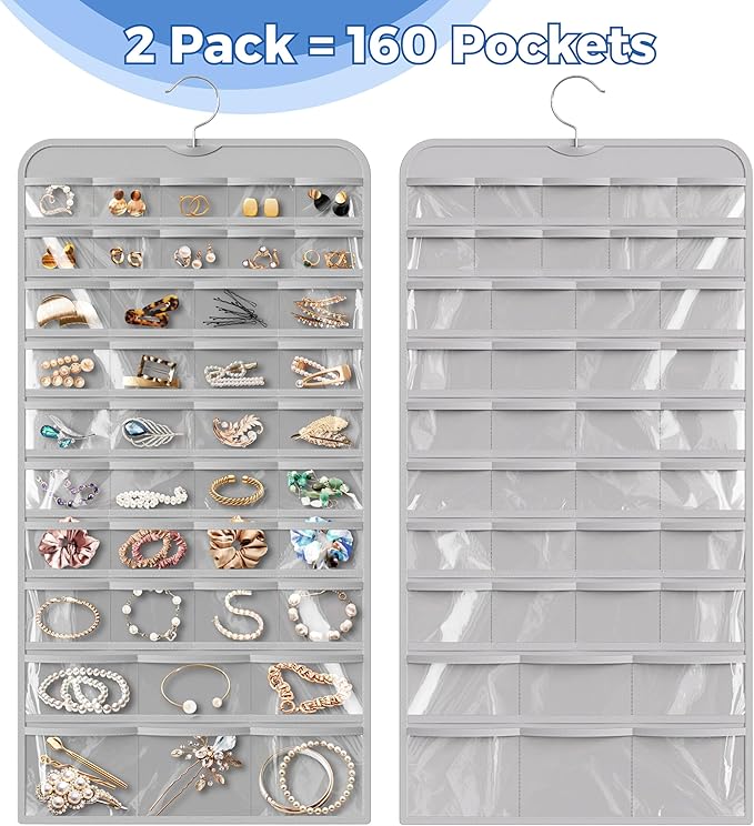Simple Houseware 2-Pack Hanging Jewelry Storage Organizer, 80-Pocket with 5 Sizes for All Types of Accessories, Gray