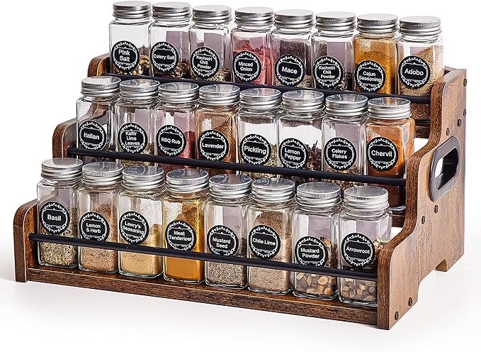 Aminigram Wood Spice Rack Organizer for Cabinet, 3 Tier Spice Shelf Storage, Kitchen Seasoning Organizer for Spice Bottles, Jars, Seasonings, Baking Supplies