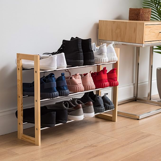 IRIS USA 3-Tier Shoe Rack, Up to 15 Pairs, 25" - 46" L Extendable Shoe Shelf, for Entryway Mudroom, Extendable Shoe Organizer for Closet, Stackable Shoe Storage, Metal Shoe Shelf for Small Space