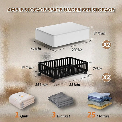 Bamboo Under Bed Storage Containers with Wheels, 2 Pack Under the Bed Shoe Storage Bins, Wood Rolling Underbed Drawers Organizer for Bedroom, Closet, Clothes Blanket Comforter and Under Crib Toy Black