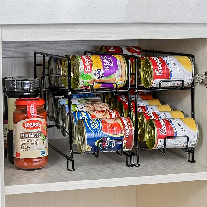 SUFAUY Beverage Can Dispneser Organizer, Stackable Shelves for Storage for Pantry, Black- 2 Pack