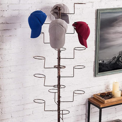 MyGift Hat Rack Tree, Cowboy Hat Display Stand, Baseball Cap Organizer Storage, Freestanding Retail Wig Holder with 20 Customizable Circular Hooks, for Multiple Hats, Dark Brown Metal