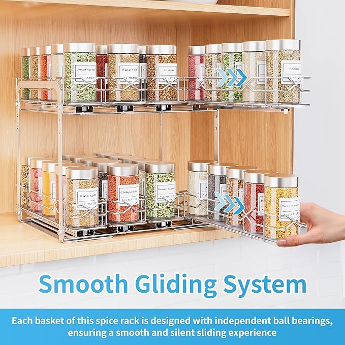 BOIVSHI Spice Rack Organizer, Heavy Duty Vertical Spice Rack Pull Out for Cabinet, 2 Tier Metal Spice Rack for Kitchen, Pantry, Easy to Install & Smooth Sliding, Chrome, 11”W x 10.5”D x 9.5”H