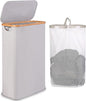 65L Slim Laundry Hamper, Narrow Laundry Basket with Lid,Foldable Clothes Hamper with Bamboo Handles,Hamper Basket with Removable Inner Bag for Laundry Room Bedroom College Dorm,17.17 Gals（Light Grey）
