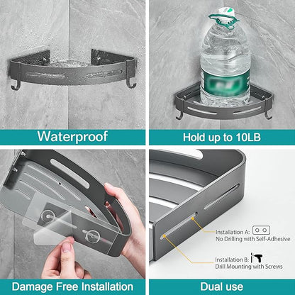 2-Tier Corner Shower Shelf No Drilling Bathroom Shelves Shower Caddies Adhesive Bath Corner Shelf Wall Mounted Bathroom Shower Caddy Organizer - Dark Grey