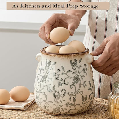 Utensil Holder for Kitchen Counter, Modern Farmhouse Rustic Cooking Utensil Holder and Crock, Exquisite Chinoiserie Floral Ceramic Utensil Organizer for Home Kitchen Decor- Gray Flower Patterns