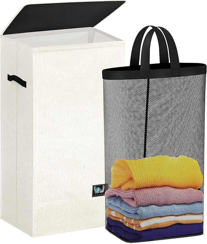 WTREE Laundry Hamper with Lid, Reinforced Sturdy Clothes Hamper with Anti-Puncture Base, Large Collapsible Laundry Basket with Removable Liner Bag, Tall Dirty Clothes Bin for Family, 100L Cream