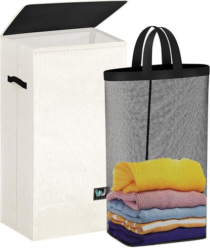 WTREE Laundry Hamper with Lid, Reinforced Sturdy Clothes Hamper with Anti-Puncture Base, Large Collapsible Laundry Basket with Removable Liner Bag, Tall Dirty Clothes Bin for Family, 100L Cream