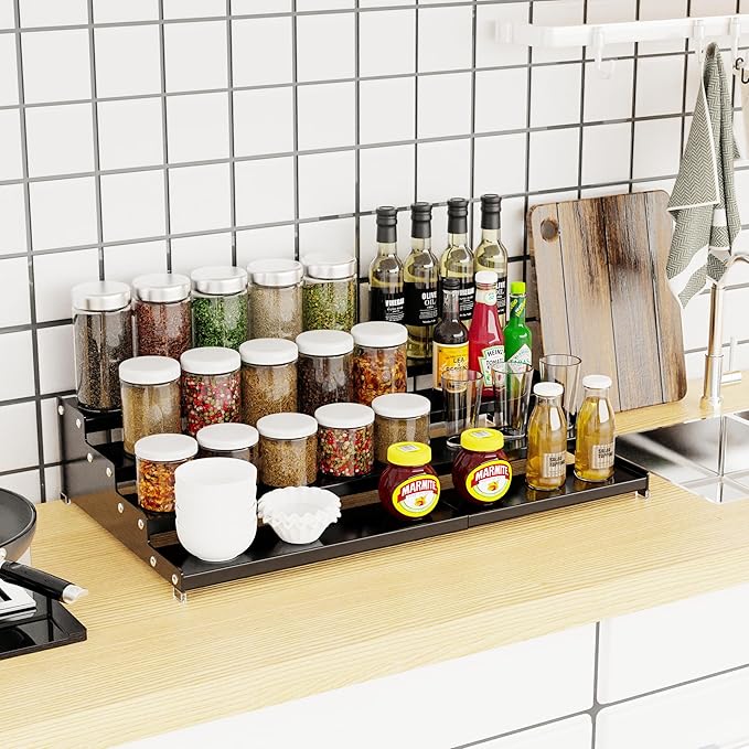 Jojocross Expandable 4-Tier Step Spice Rack Organizer for Kitchen Cabinet Modern Design and Non Skid Space Saving Storage Shelf for Countertop Cabinets Pantry(2Packs/Black)