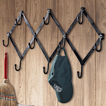 Kings County Tools Accordion Wall Hanger - Forged Iron Hat Rack with 10 Hooks for Hats, Coats, and Bags - Expandable Coat Rack - Wall Organizer for Bedroom, Entryway, or Mudroom (Black)