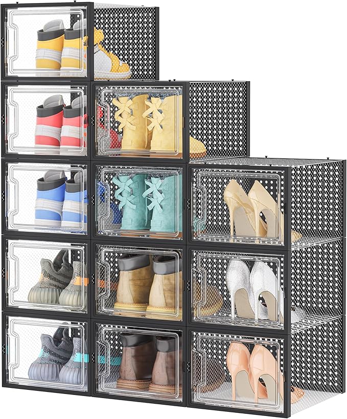 HOMIDEC Shoe Storage, 12 Pack Shoe Organizer for Closet, Shoe Boxes Clear Plastic Stackable Shoe Containers with Lids for Size 13