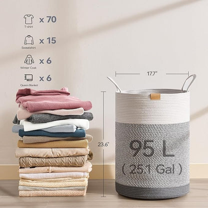 Nunsino Laundry Hamper 95L,Large Laundry Basket for Clothes,Decorative Storage Basket for Blankets,Cotton Rope Woven basket for bedroom,Grey White
