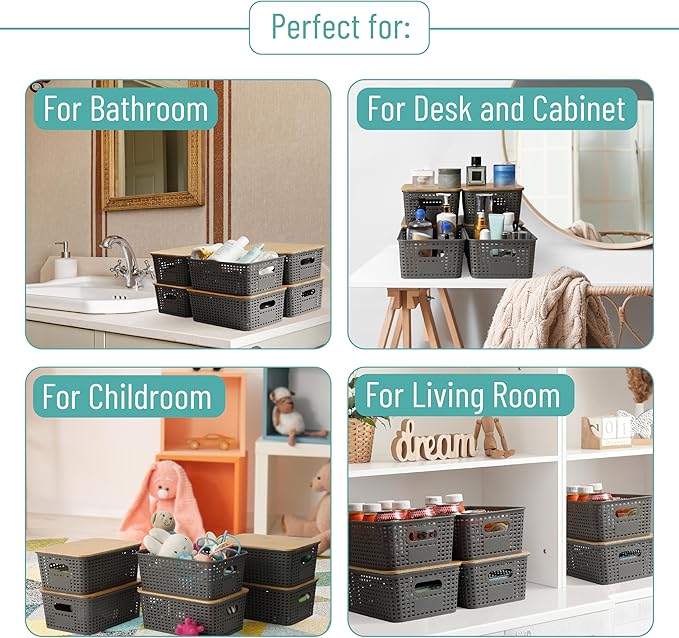 BAMBOO LAND- Plastic Storage Baskets with Bamboo Lid, 6 pcs, Grey Pantry Storage Baskets with Lids