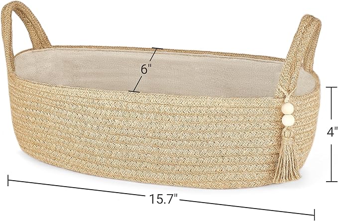 Mkono Small Storage Basket for Toilet Tank Top Boho Bathroom Decor Woven Rope Toilet Paper Tray Organizer for Shelf Bedroom Living Room, Jute, 1 Pack, 15.7" L x 6" W