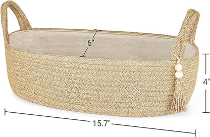 Mkono Small Storage Basket for Toilet Tank Top Boho Bathroom Decor Woven Rope Toilet Paper Tray Organizer for Shelf Bedroom Living Room, Jute, 1 Pack, 15.7" L x 6" W