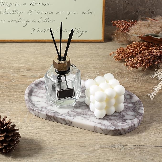Koville Real Luxurious Natural Marble Vanity Tray, 10"x5" Calacatta Viola Marble Catchall Tray for Bathroom, Stone Perfume Trays Jewelry Dish for Dresser, Genuine Stone Storage Tray for Home Decor